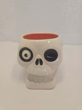 Halloween One Eyed Skull Ceramic Bowl 6.3" White Black Spooky Decor